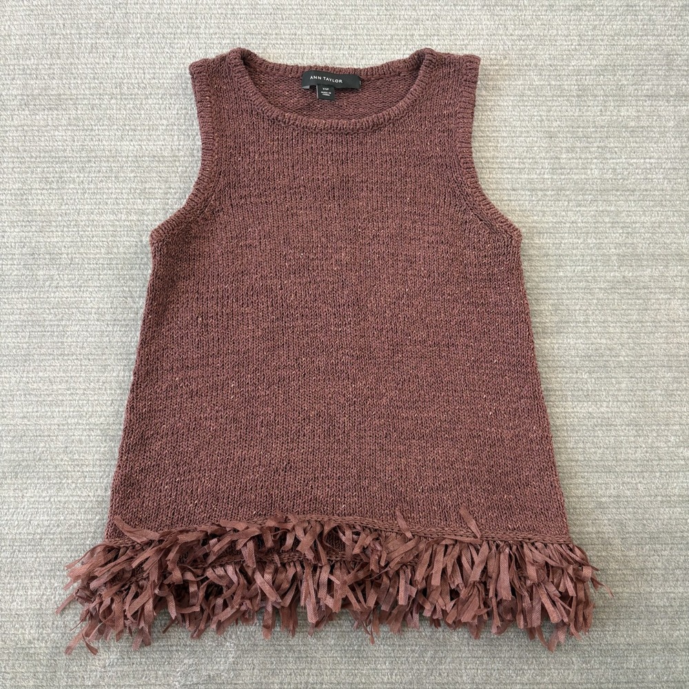 Ann Taylor Sweater Vest Women XSP Brown Fringe Coastal Knit Sleeveless Party